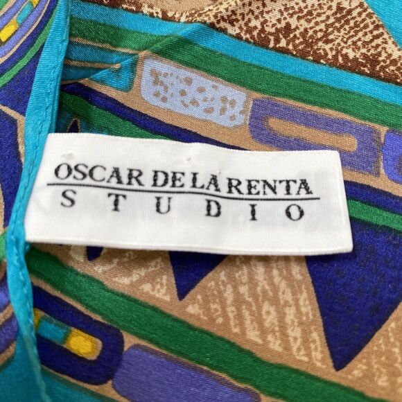 Vintage Oscar De La Renta Silk Scarf Pointy Ends Necktie Jungle Flowers Blue Tan - Picture 2 of 10